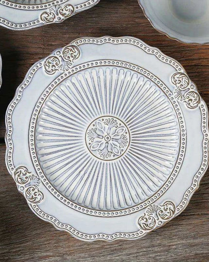 Vintage Baroque Embossed Ceramic Plate Collection - Set of 4 for Elegant Dining