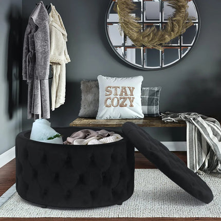 Shop1105138551 Round Tufted Storage Ottoman with Removable Top, Black