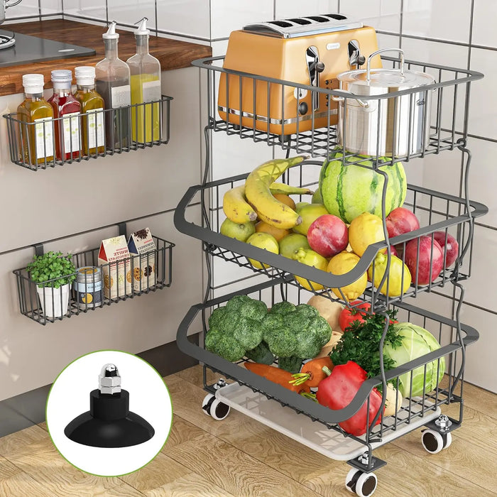 3 Tier Stackable Metal Wire Basket Cart with Rolling Wheels - Kitchen and Pantry Organizer