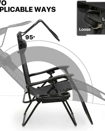 Sleek Black Mesh Reclining Lounge Chair with Adjustable Headrest and Convenient Side Tray - Perfect for Outdoor Relaxation