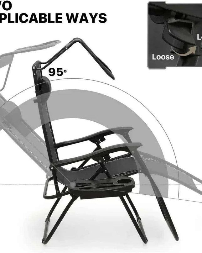 Sleek Black Mesh Reclining Lounge Chair with Adjustable Headrest and Convenient Side Tray - Perfect for Outdoor Relaxation