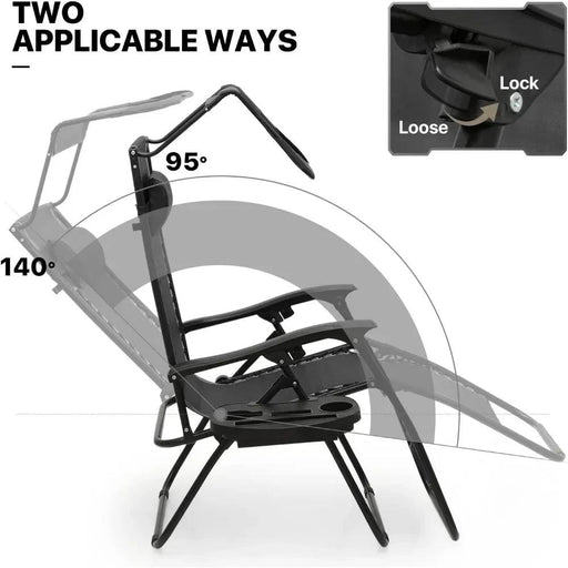 Sleek Black Mesh Reclining Lounge Chair with Adjustable Headrest and Convenient Side Tray - Perfect for Outdoor Relaxation