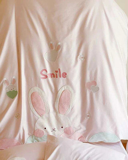 Charming Pink Bunny Applique Girls Luxury Duvet Cover Set - Premium 100S Egyptian Cotton Bedding for Single & Queen Beds