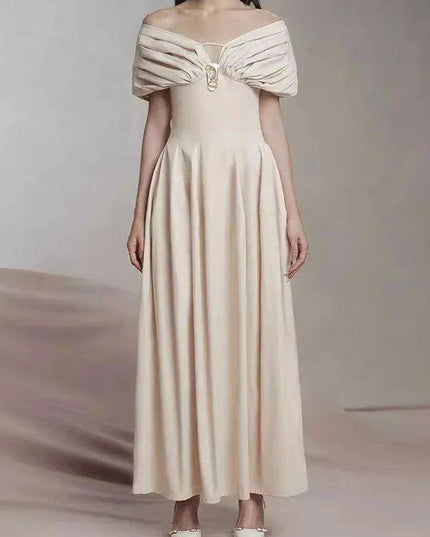 Puff Sleeve V-neck Pleated Swing Dress - Sophisticated Evening Party Attire