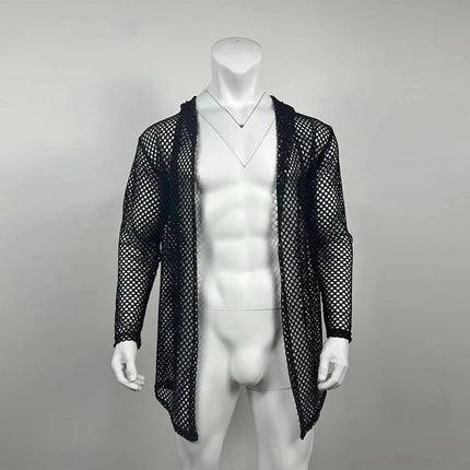 Men's Hollow Out Long Cardigan Shirt — Streetwear Grid Design