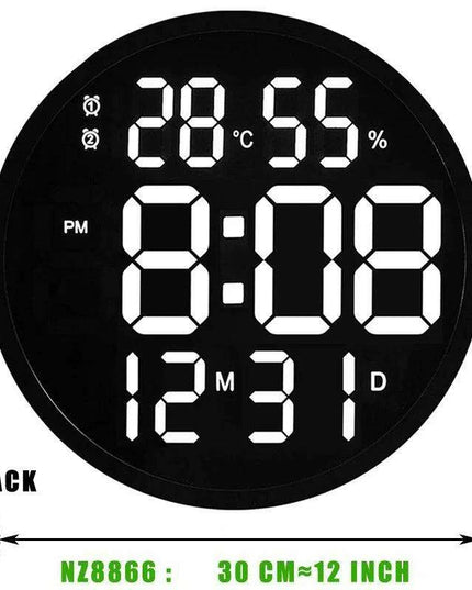 Large 12-Inch Digital LED Wall Clock with Alarm, Calendar, Temperature, and Humidity Display - Modern Home Decor with Smart Brightness Control