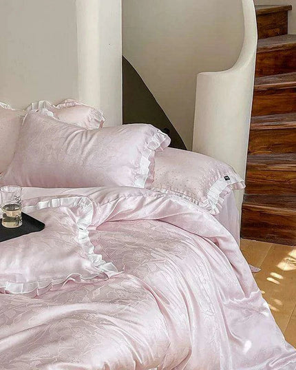 Luxurious Blush Lyocell Silky Princess Bedding Ensemble with Jacquard Ruffles - Duvet Cover, Flat Sheet, Fitted Sheet, and Pillowcases