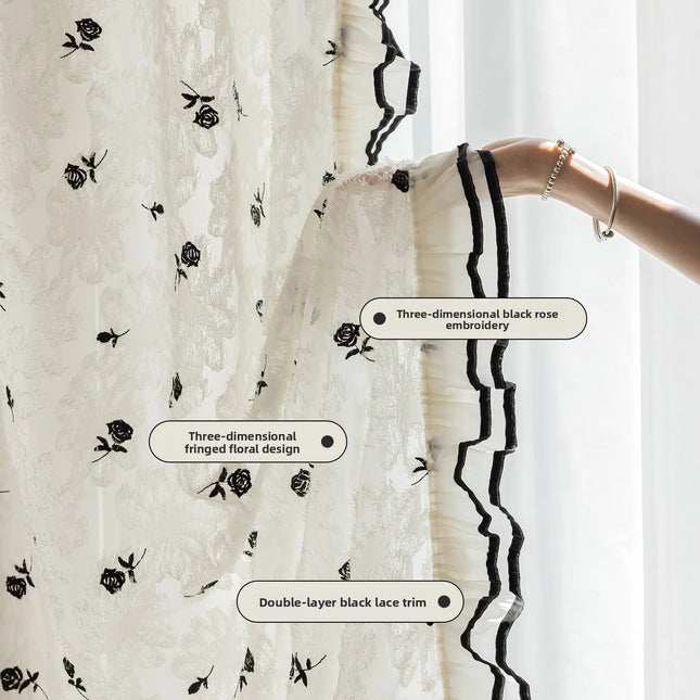 French Black Rose Embroidered Sheer Curtain — Light-Permeable, Custom Length