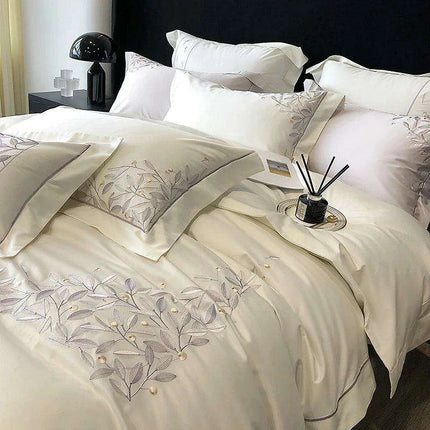 Luxury 1000TC Egyptian Cotton Bedding Set with Leaf Embroidery