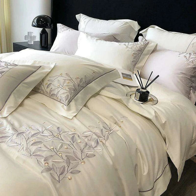 Luxury 1000TC Egyptian Cotton Bedding Set with Leaf Embroidery