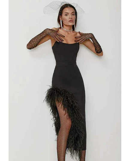 Elegant Strapless Black and White Feather Detail Bodycon Dress for Women