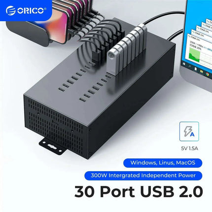 30-Port Heavy-Duty USB Hub with Built-In SD Card Reader for Enhanced Data Transfer and Charging