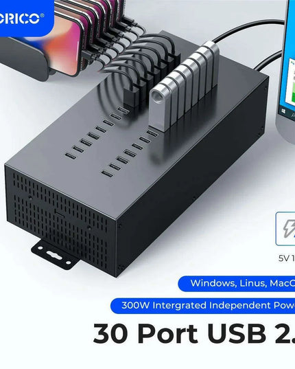 30-Port Heavy-Duty USB Hub with Built-In SD Card Reader for Enhanced Data Transfer and Charging