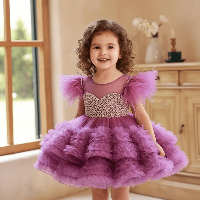 Elegant Beaded Mesh Princess Dress for Girls