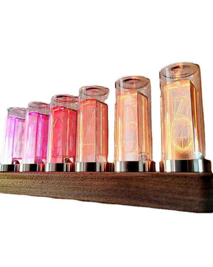 Retro RGB Nixie Tube Clock with Stylish Wooden Base - LED Alarm Timepiece for Unique Desktop Decor and Gifting