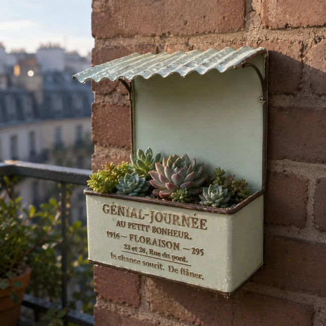 House-Shaped Metal Planter Box — French-Design Text Roof, Vintage Distressed Finish