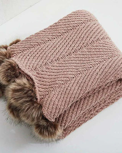 Charming Chenille Knit Throw Blanket with Delightful Pompoms - Cozy Elegance for Your Living Space