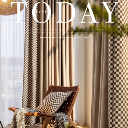 Customized French Retro Checkerboard Jacquard Curtain For Living Room Bay Window