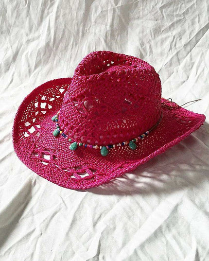 Rose Red Cowboy Straw Hat - Adjustable Wide Brim Sun Hat for All Seasons