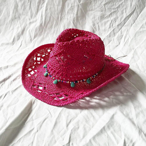 Rose Red Cowboy Straw Hat - Adjustable Wide Brim Sun Hat for All Seasons