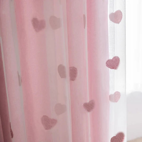 Korean Pink Love Embroidery Blackout Curtains – Tulle & Double Layer, Girls’ Room