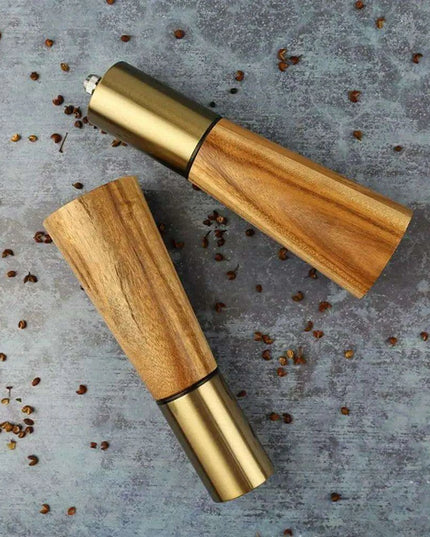 Elegant Acacia Wood and Stainless Steel Spice Grinder Duo - Tailored Grinding for Culinary Excellence
