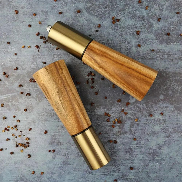 Elegant Acacia Wood and Stainless Steel Spice Grinder Duo - Tailored Grinding for Culinary Excellence
