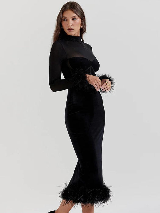 Chic Backless Midi Dress with Feather Details for Trendsetting Women