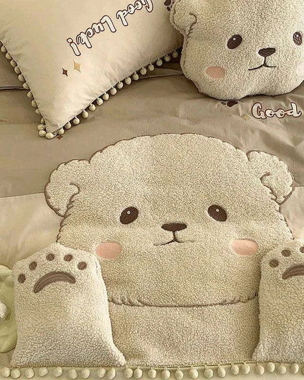Whimsical Cartoon Bear Embroidered Kids' Cotton Bedding Set - 100% Cotton Duvet Cover, Sheet, and Pillowcases