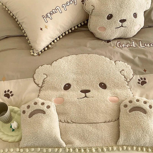 Whimsical Cartoon Bear Embroidered Kids' Cotton Bedding Set - 100% Cotton Duvet Cover, Sheet, and Pillowcases