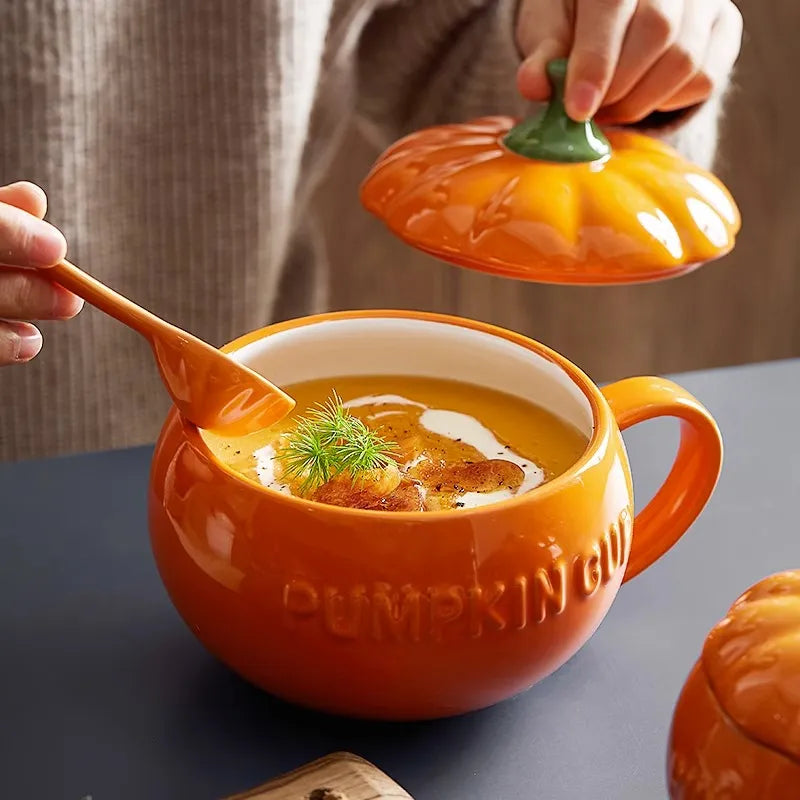 300/450ML Halloween Pumpkin Shaped Ceramic Mug Set - Spooky Kawaii Soup Cup with Lid and Spoon