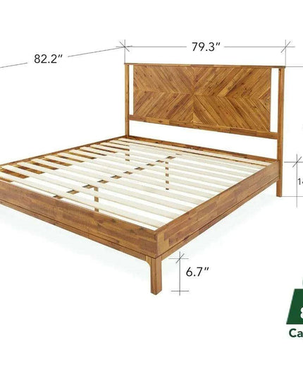 Rustic Golden Brown Acacia Wood Queen Bed Frame with Herringbone Headboard