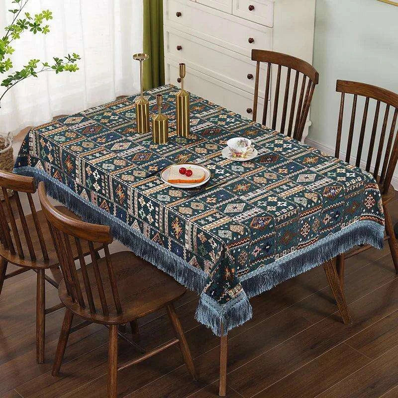 Bohemian Chic Embroidered Table Cover with Trendy Tassels