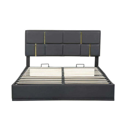 Regal Black & Gold LED Queen Bed Frame with Stylish Ottoman Storage
