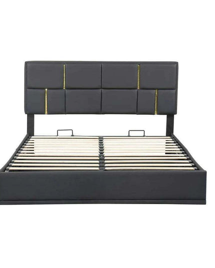 Regal Black & Gold LED Queen Bed Frame with Stylish Ottoman Storage