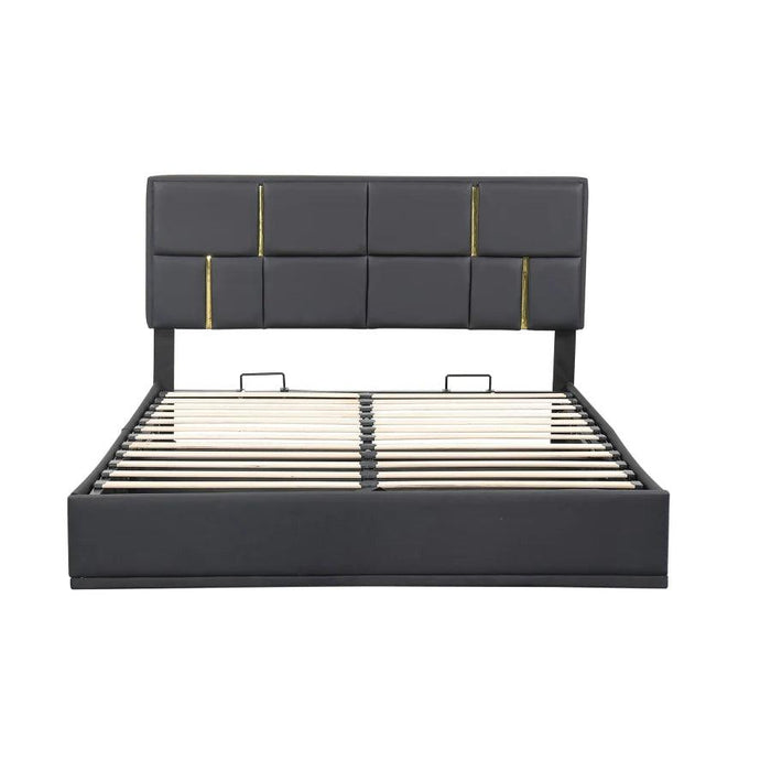 Regal Black & Gold LED Queen Bed Frame with Stylish Ottoman Storage