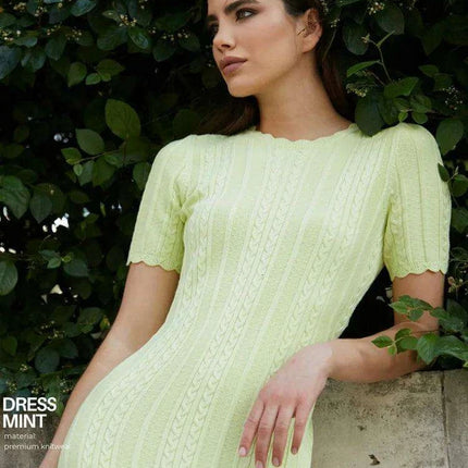 Women's Rabbit Wool Knit Maxi Dress with Short Sleeves and High Waist O Neck Design