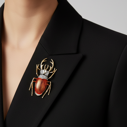 A close-up of a person wearing a black blazer and a gold beetle-shaped brooch with a red-orange textured body and a rhinestone crown.