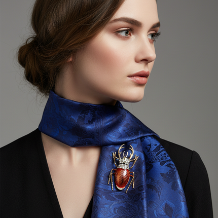 A woman in a black blazer wearing a royal blue patterned silk scarf with a decorative beetle-shaped brooch pinned near the collar, photographed against a plain gray studio background.