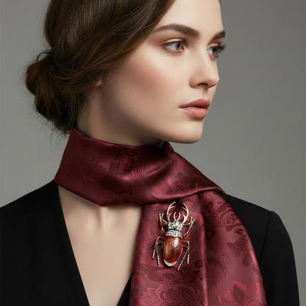 A woman in a black blazer wearing a dark red patterned silk scarf with a metallic beetle brooch, photographed against a solid gray studio background.