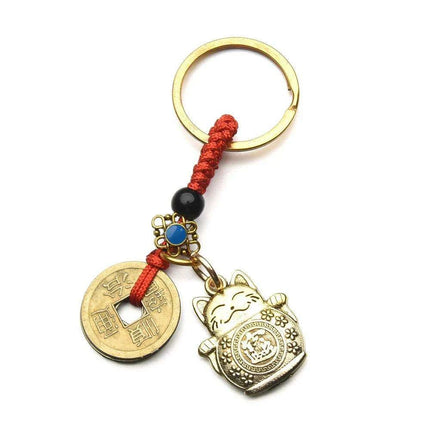 Fortune Cat Brass Keychain with Antique Coins - A Charm for Wealth and Abundance