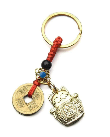 Fortune Cat Brass Keychain with Antique Coins - A Charm for Wealth and Abundance