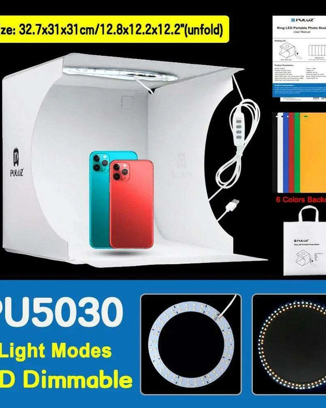 30CM PULUZ Adjustable LED Light Box Photography Kit with Six Color Backdrops - Portable Softbox for Product and Portrait Shots