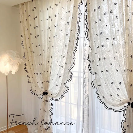 Black Rose Lace Sheer Curtain — French Romantic, 2 Patterns, 6 Sizes, 4 Headings
