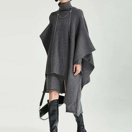 Trendy Women's Asymmetrical Gray Knit Turtleneck Dress - Loose Long Sleeve for Spring & Autumn 2024