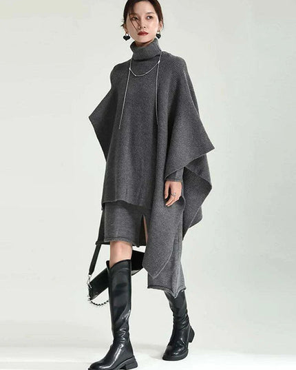 Trendy Women's Asymmetrical Gray Knit Turtleneck Dress - Loose Long Sleeve for Spring & Autumn 2024