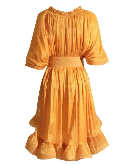 GALCAUR Women's Stylish High Waist A-Line Dress with Pleats and Lace-Up Detail, Round Neck, Short Sleeves