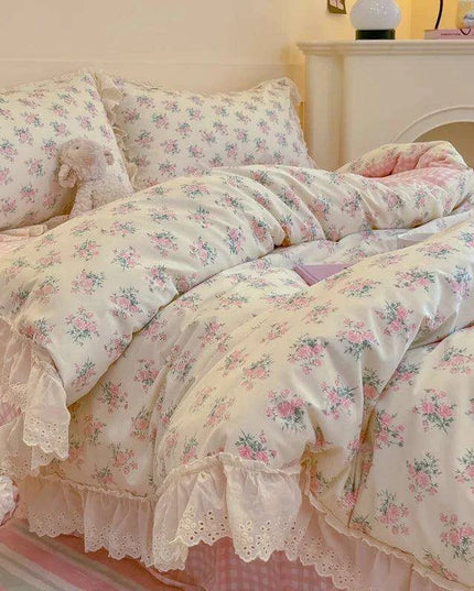Korean Princess Floral Lace Ruffle Cotton Bedding Collection - Luxurious Single/Queen Duvet Cover, Sheet, and Pillowcase Set (3/4 Pieces)