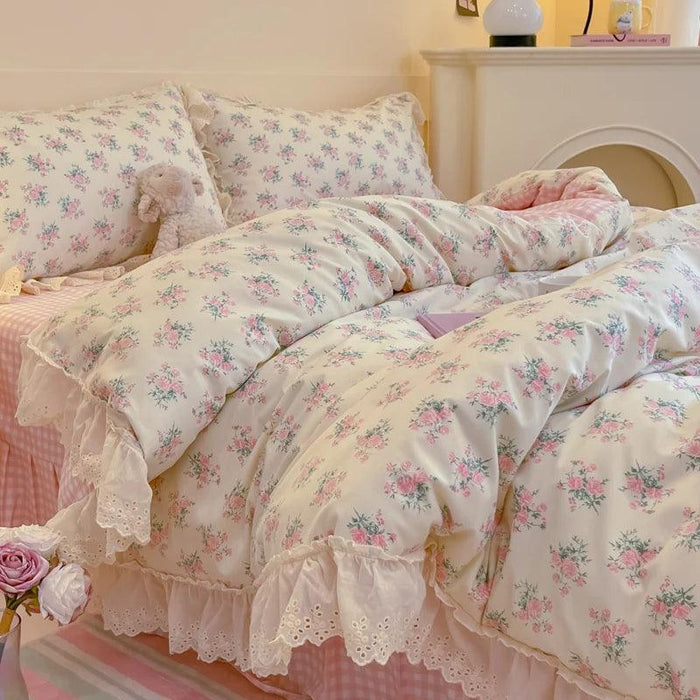 Korean Princess Floral Lace Ruffle Cotton Bedding Collection - Luxurious Single/Queen Duvet Cover, Sheet, and Pillowcase Set (3/4 Pieces)