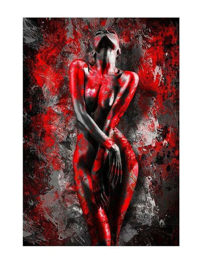 Elegant Crimson Muse: Contemporary Abstract Lady Canvas Art
